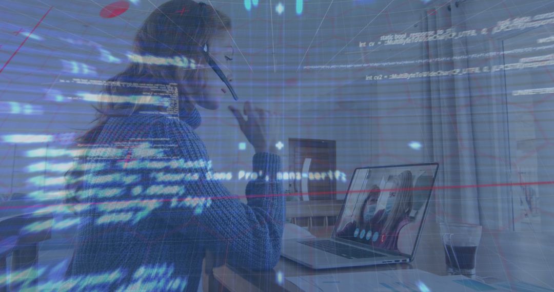 Businesswoman Using VR Headset Over Data Processing Holographic Display