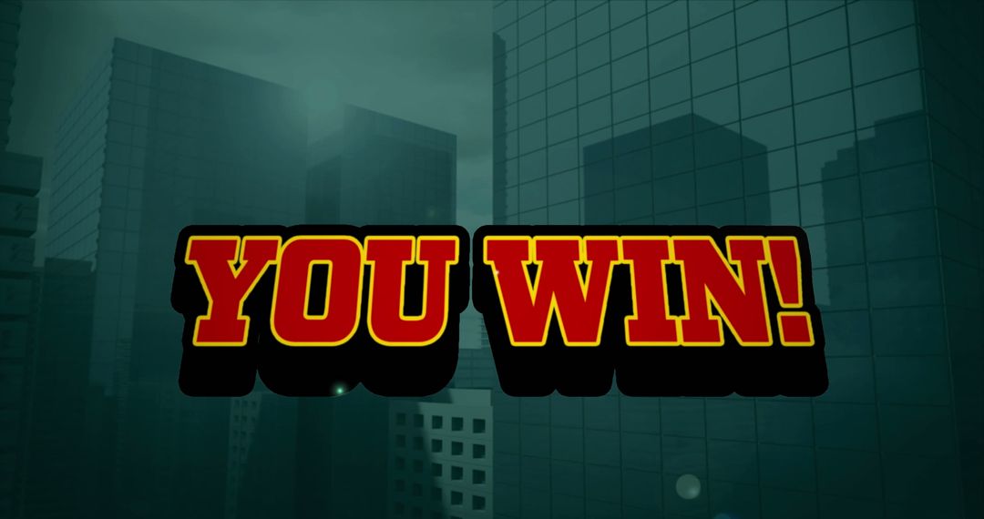 You win text overlay on modern cityscape background