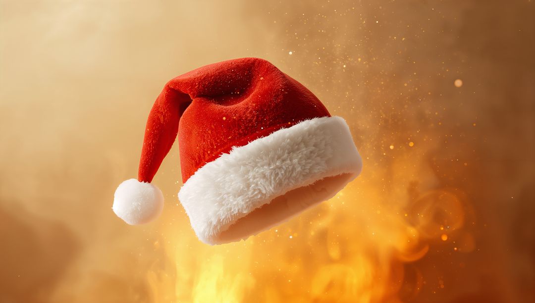 Floating Santa Hat Over Flames with Glowing Embers and Festive Warm Glow