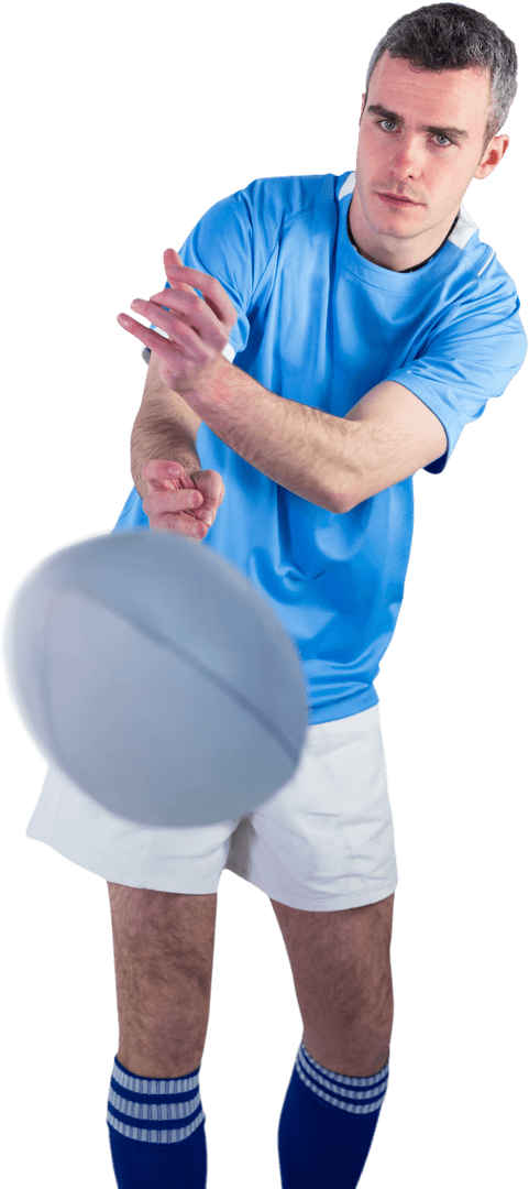 Rugby Player in Action with Transparent Ball Focus