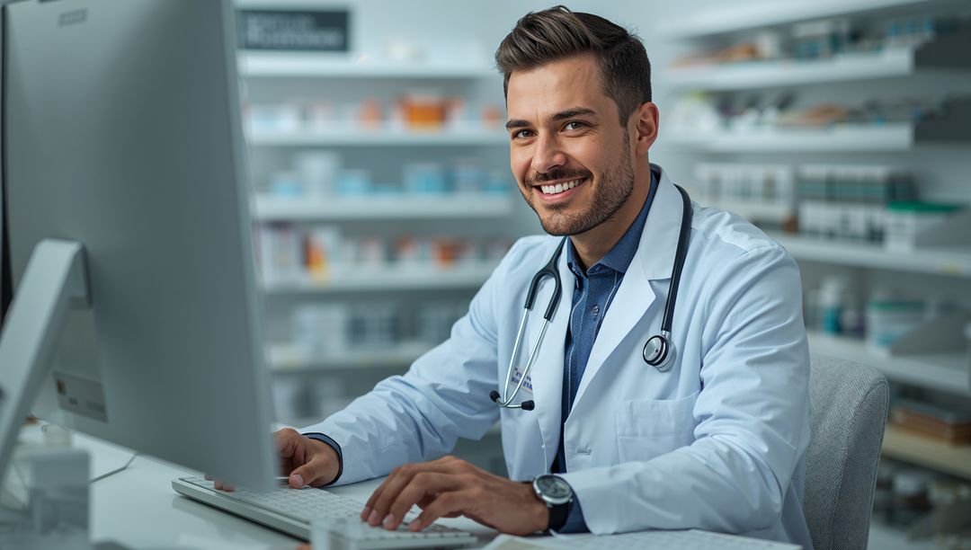 Smiling Male Doctor at Desk with Medications in Modern Clinic
