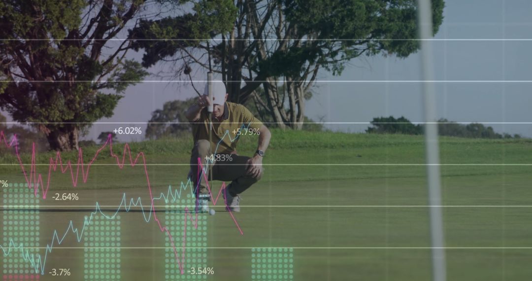 Golfer Analyzes Putt on Green with Financial Chart Overlay