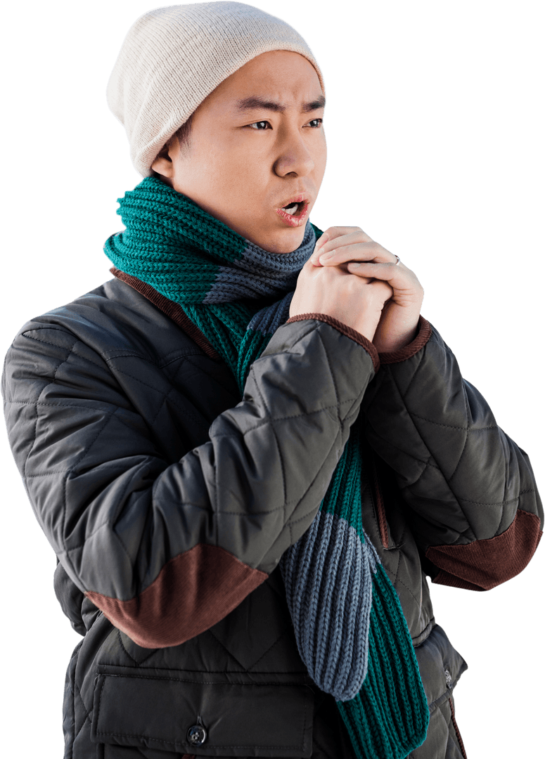 Transparent Background Young Man Warming Hands Winter Attire