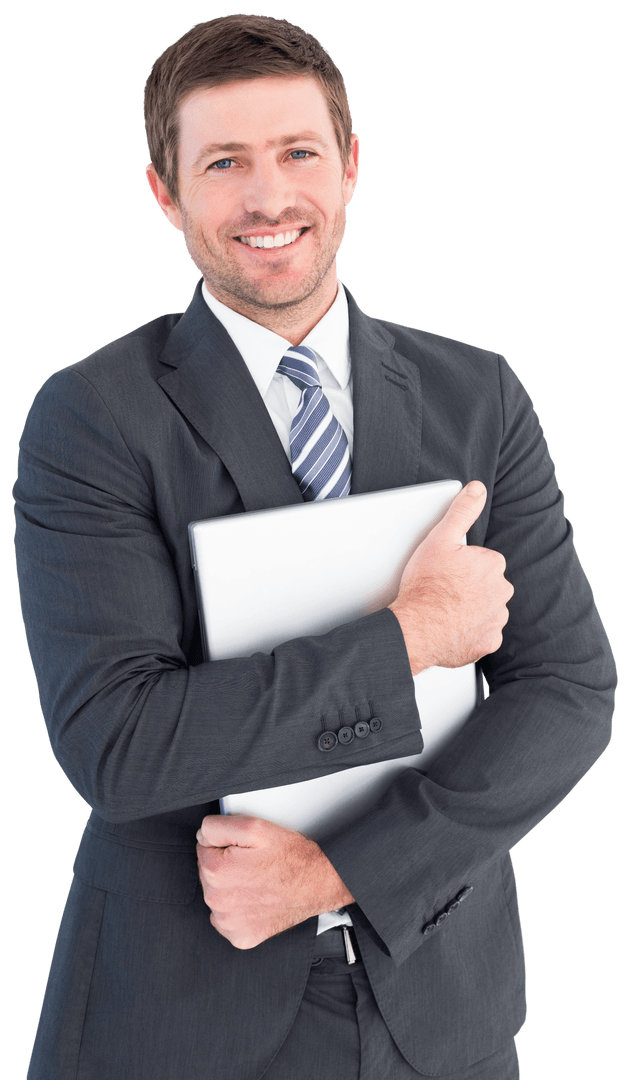 Transparent Businessman Confidently Holding Laptop in Suit