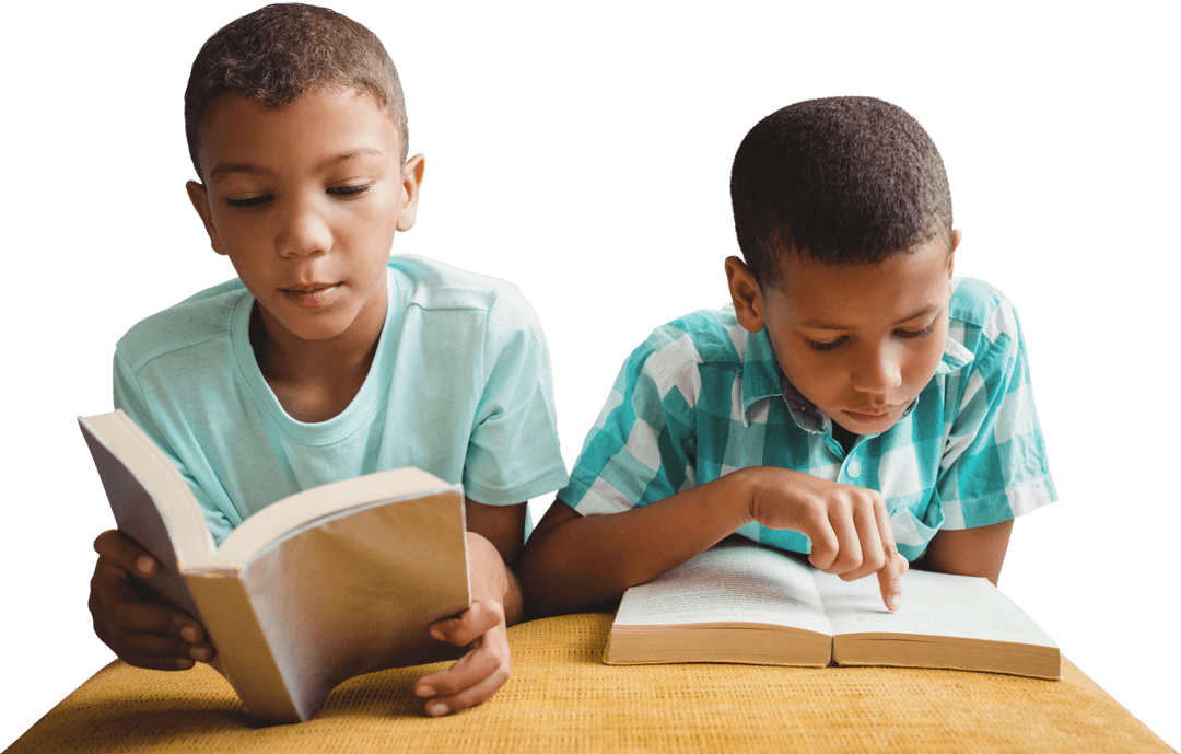 Transparent Image of Boys Reading Books Thoughtfully