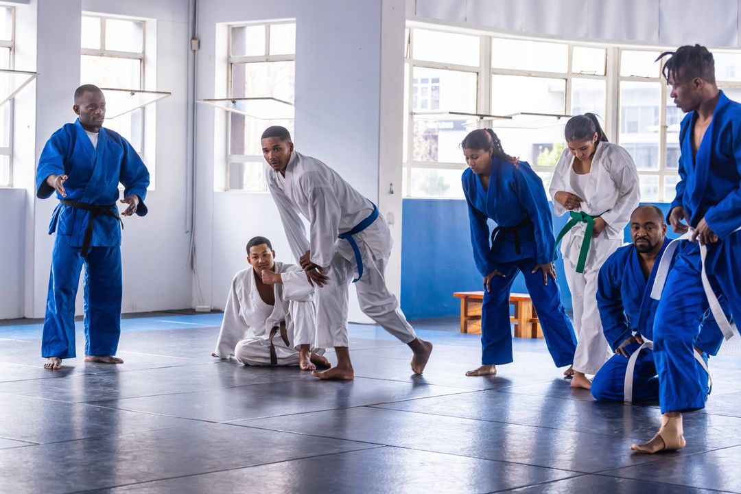 Diverse Martial Arts Class Practicing Grappling Drills in Dojo
