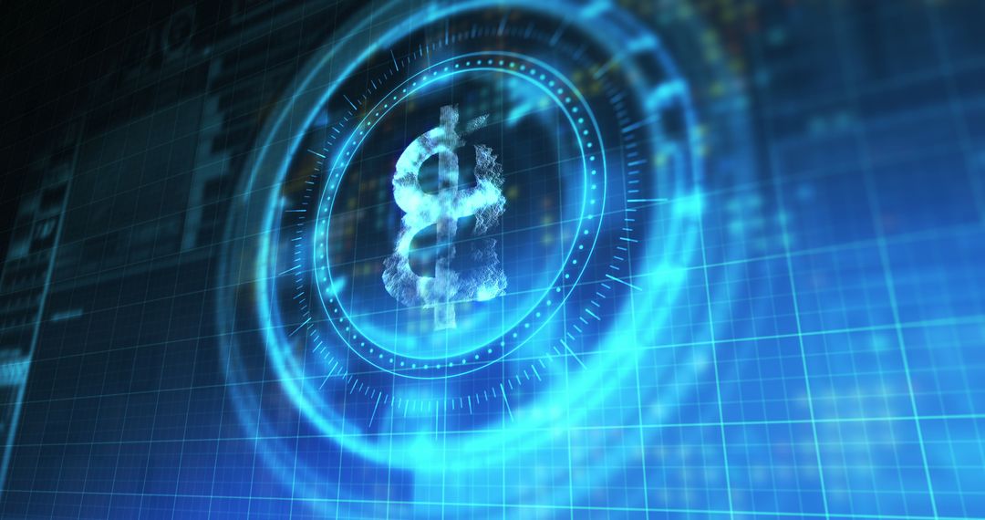 Rotating Bitcoin Symbol in Digital Futuristic Blue Space