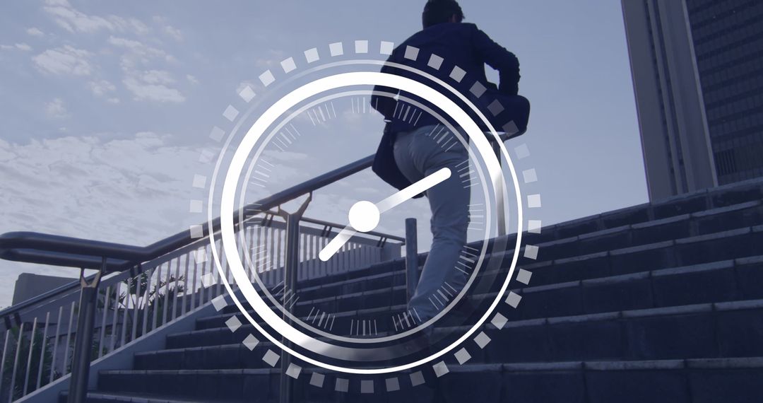 Caucasian Businessman Running Upstairs with Time Overlay