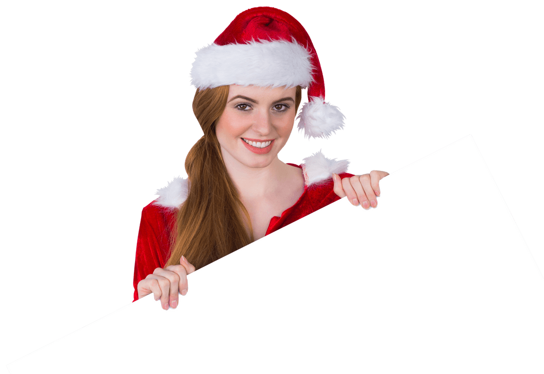 Smiling Woman in Santa Costume Holding Transparent Signboard
