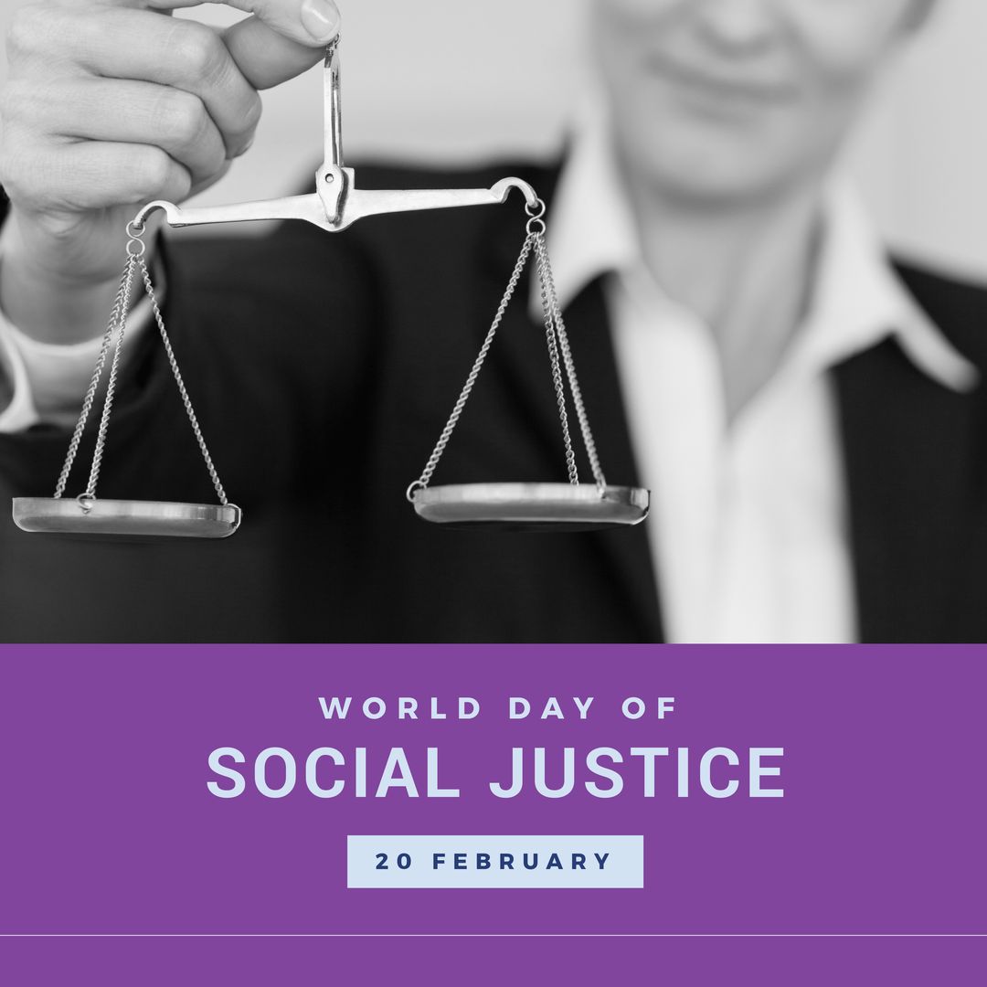 Composition of world day of social justice text and caucasian woman holding justice scales - Download Free Stock Templates Pikwizard.com