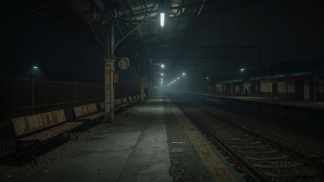 Moody Deserted Railway Platform Under Pale Night Lights