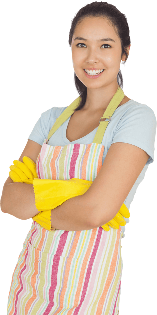Smiling Woman in Colorful Apron With Rubber Gloves Grasping Confidence
