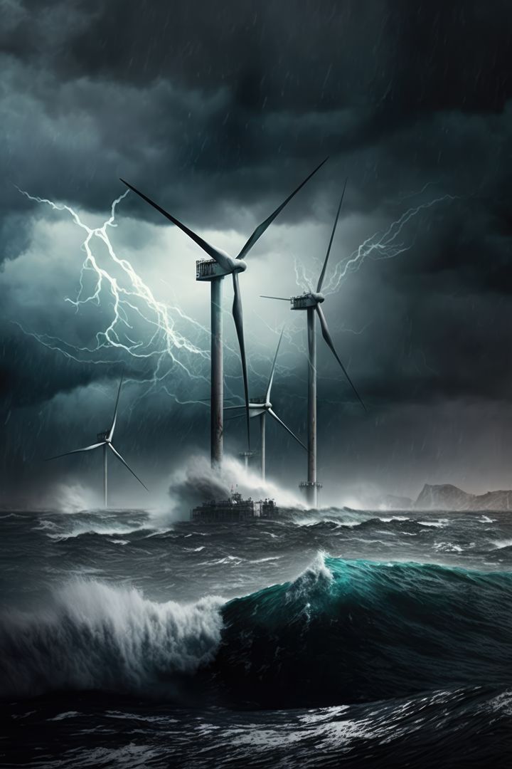 Stormy Sea and Lightning Striking Offshore Wind Turbines - Free Images, Stock Photos and Pictures on Pikwizard.com