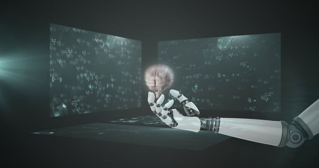 Robotic Arm Holding Brain with Equations in Background
