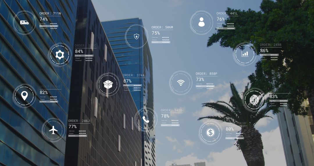 Futuristic Cityscape with Data Processing Icons