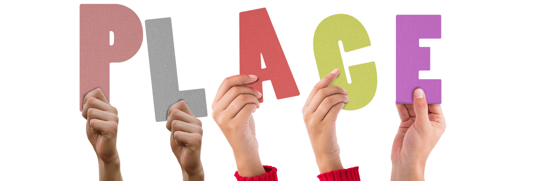 Hands Holding PLACE Letters on Transparent Background Concept
