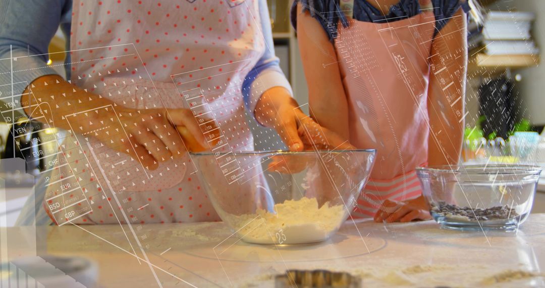 Parent and Child Mixing Dough in Kitchen Teaching Baking Skills and Family Bonding
