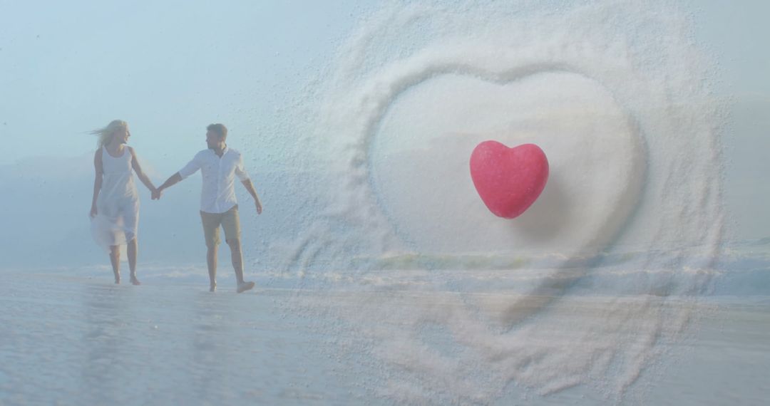 Romantic Couple on Beach with Heart Symbol Connection