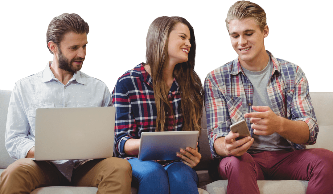 Cheerful Group Engaging with Multiple Transparent Devices Indoors