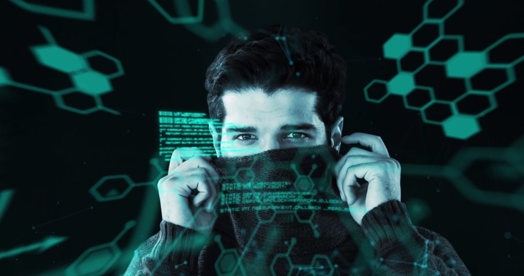 Mysterious Figure Amidst Futuristic Digital Holograms