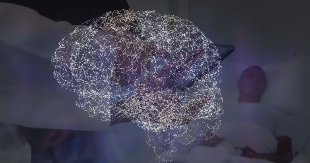 Doctor Analyzing Data in Digital Interface Overlaid with Neural Network