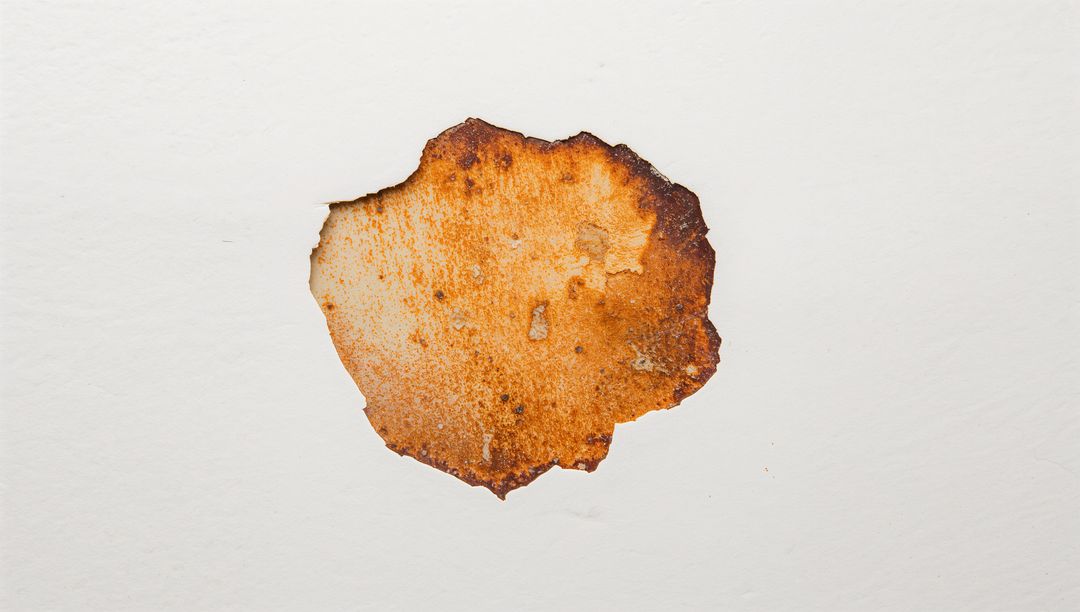 Peeling Paint Patch Exposing Rust-Stained Plaster on Off-White Wall with Flaking Edges