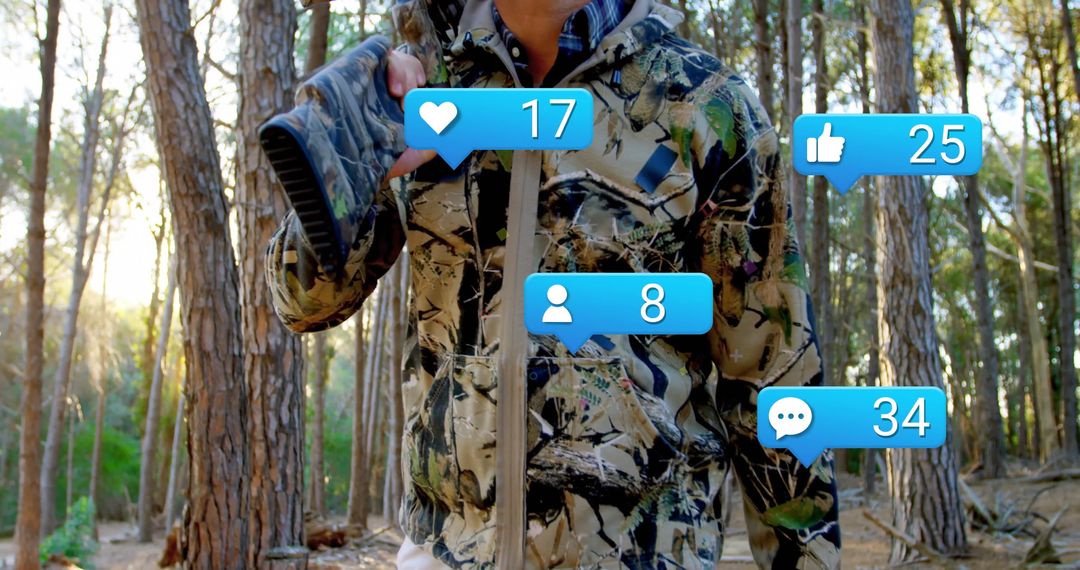 Camouflage-Clad Hiker Exploring Forest with Social Media Elements