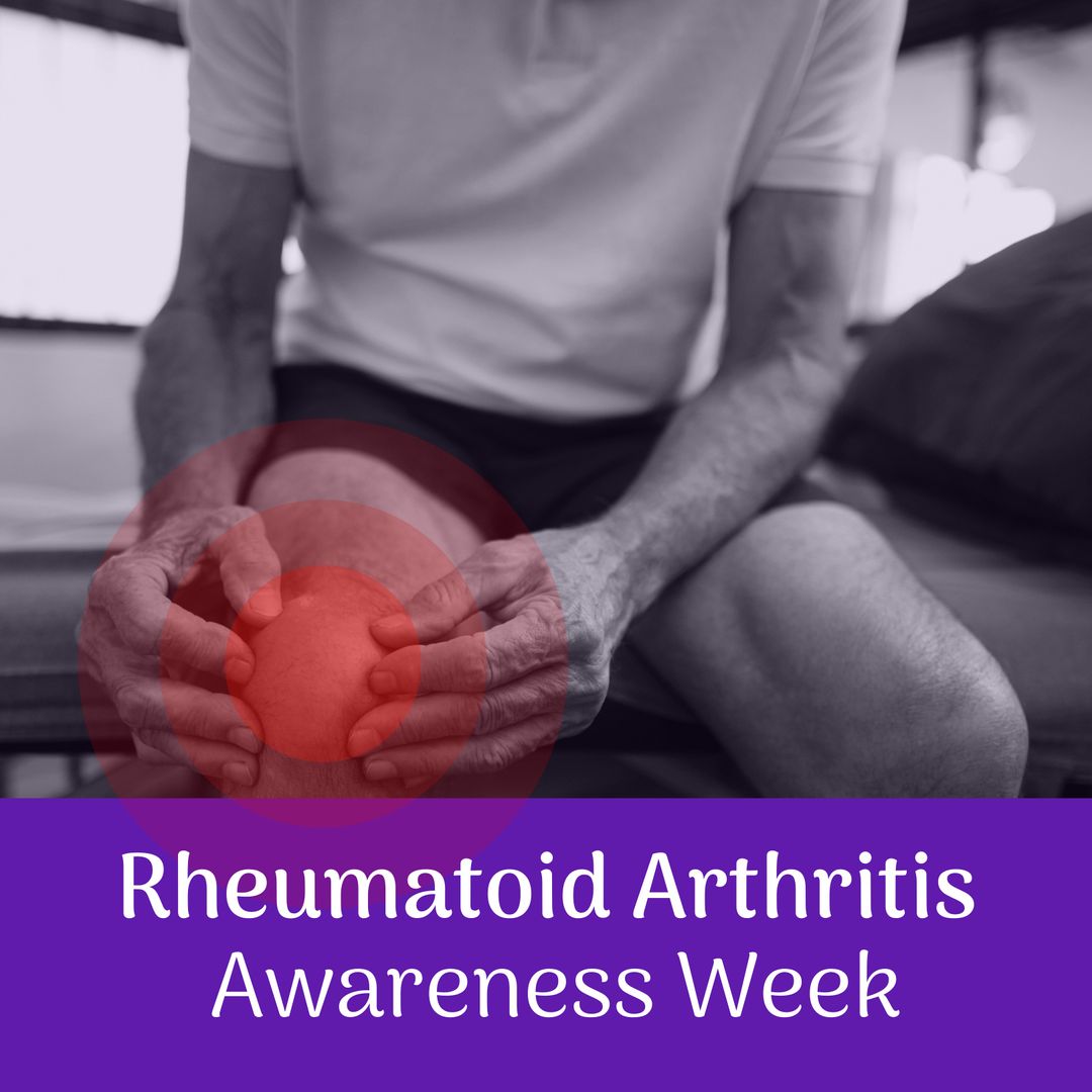 Senior Man Holding Knee with Rheumatoid Arthritis Awareness Highlight