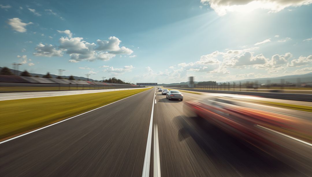 Racing cars speeding down track under clear sky