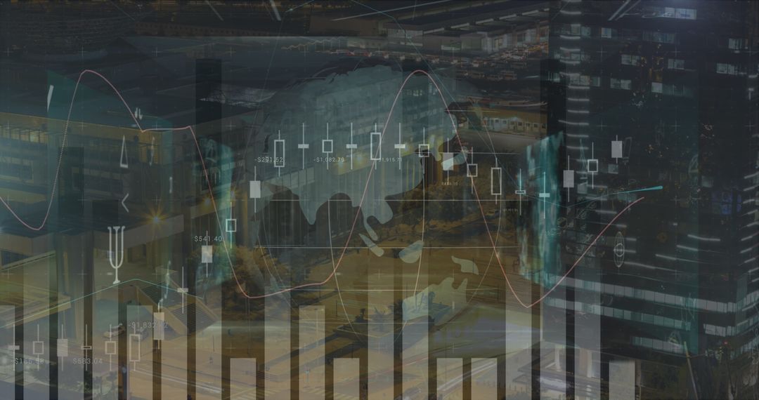 Cityscape with Digital Data Overlay Representing Global Connections