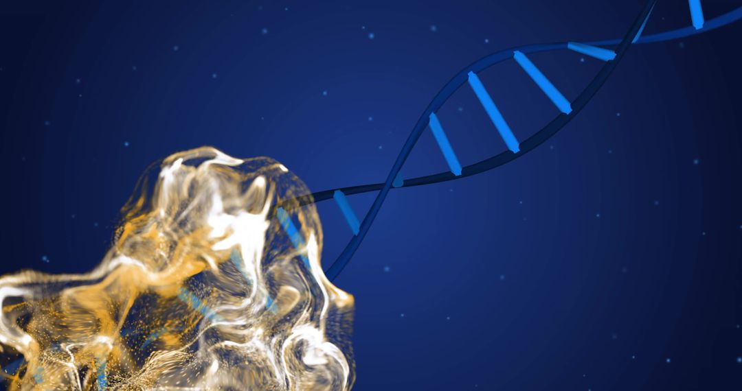 DNA Strand Surrounded by Glowing Particles in Virtual Space