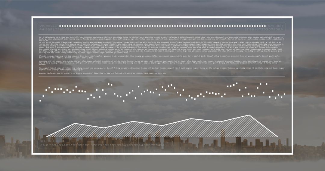 Futuristic Data Overlay on Foggy City Skyline