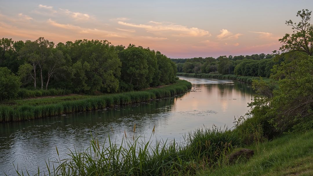 Serene Meandering River at Sunset with Lush Greenery