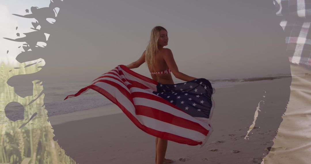 Woman Enjoying Beach Wrapped in US Flag at Sunset