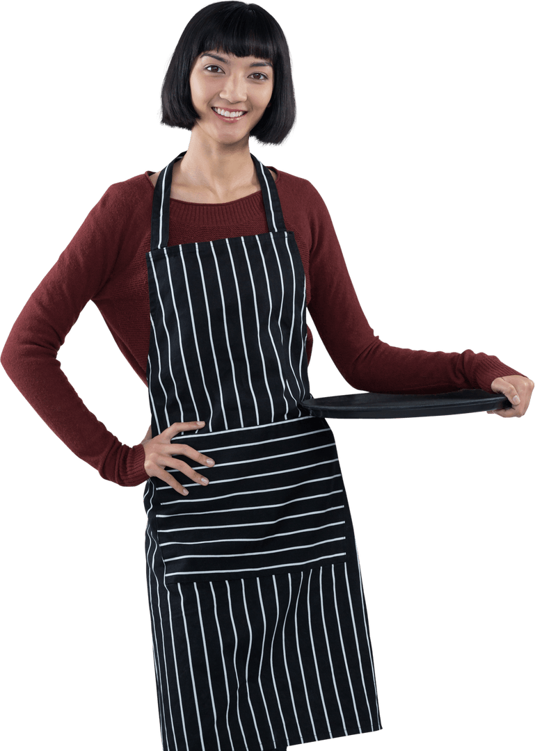 Smiling Waitress in Striped Apron Holding Transparent Serving Tray