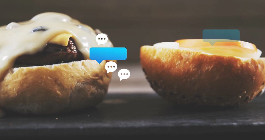 Gourmet Burger Assembly with Chat Icons and Copy Space