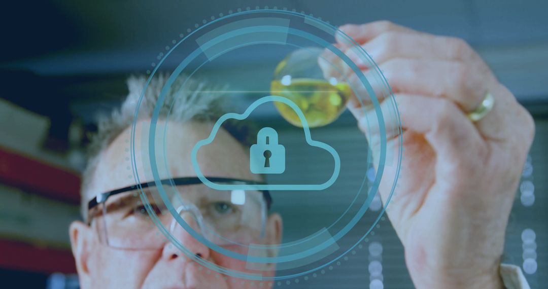 Senior Scientist Examining Flask with Cloud Security Overlay