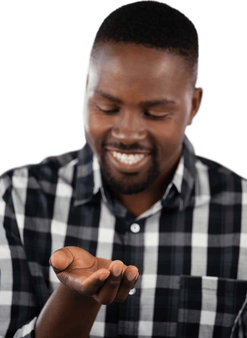 Happy Man Gazing at Open Hand on Transparent Background