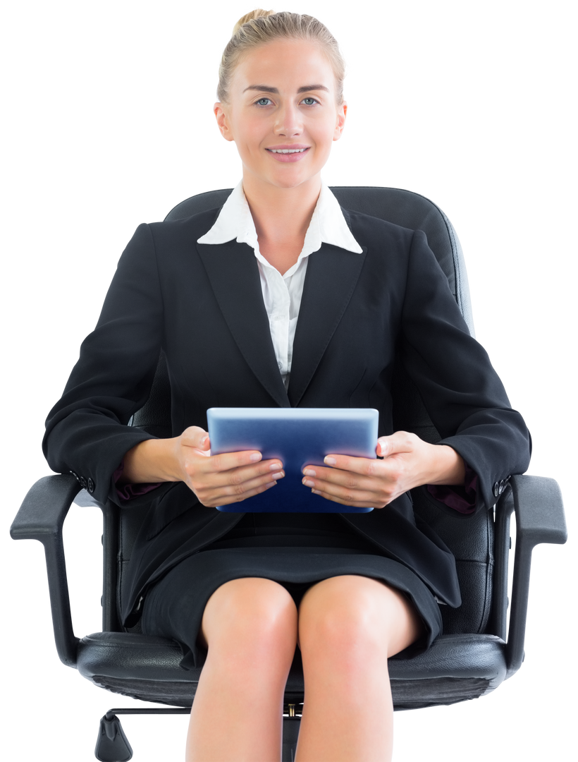 Blonde Businesswoman Sitting on Swivel Chair with Tablet Transparent Background - Download Free Stock Images Pikwizard.com