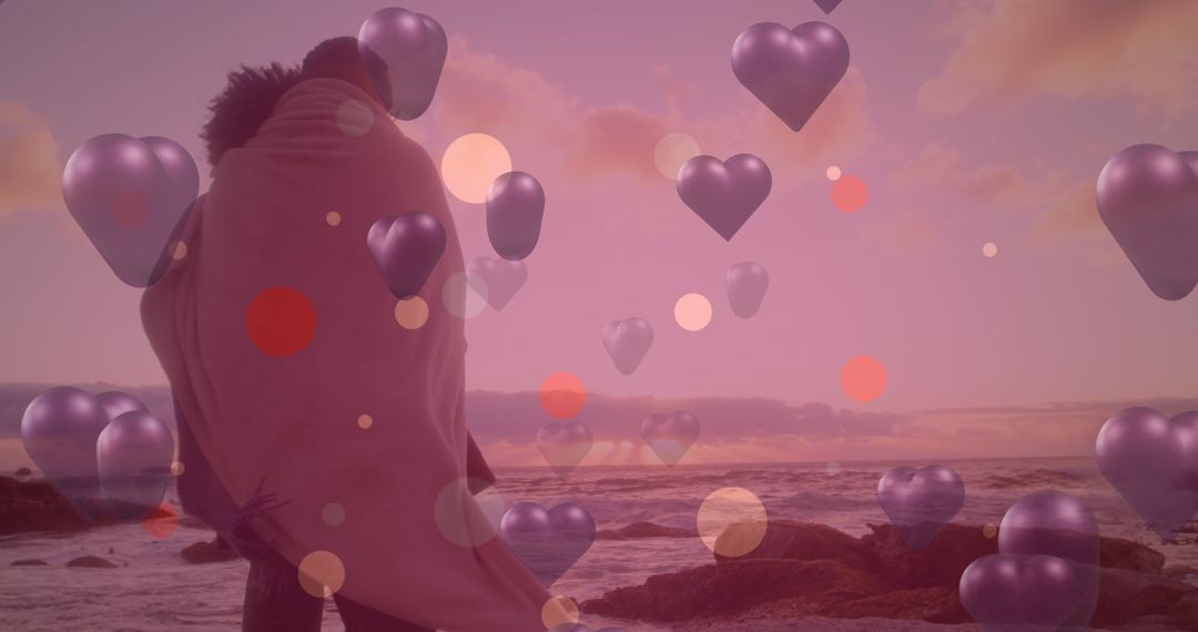 Romantic Couple Embracing by the Seaside with Floating Hearts