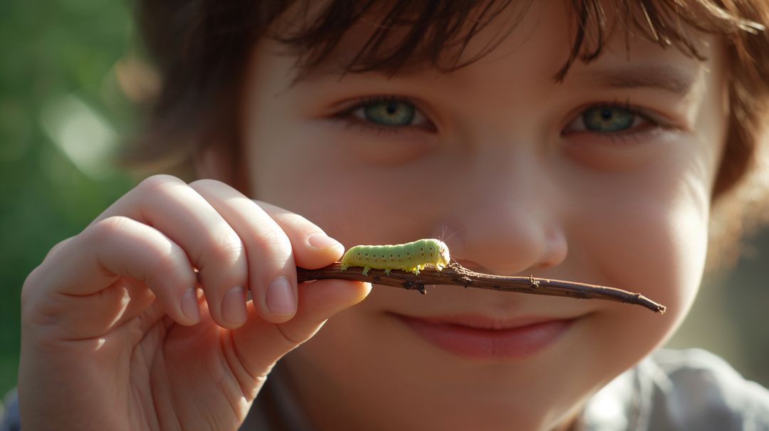 Curious child holding twig with bright green caterpillar near face smiling in sunlit garden