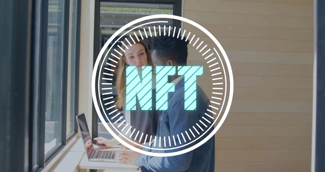 Young Professionals Collaborating on Laptop with NFT Digital Overlay in Bright Office