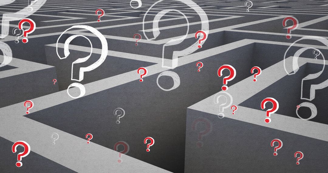 Question Marks Hovering Over Complex Gray Maze Background
