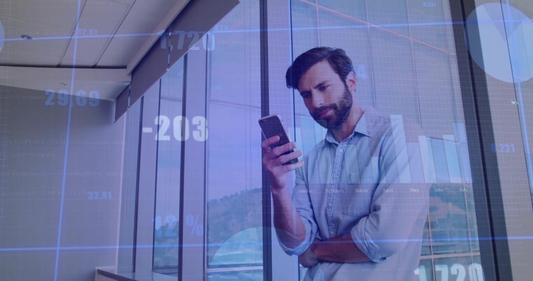 Businessman Reviewing Financial Data on Smartphone with Virtual Overlay