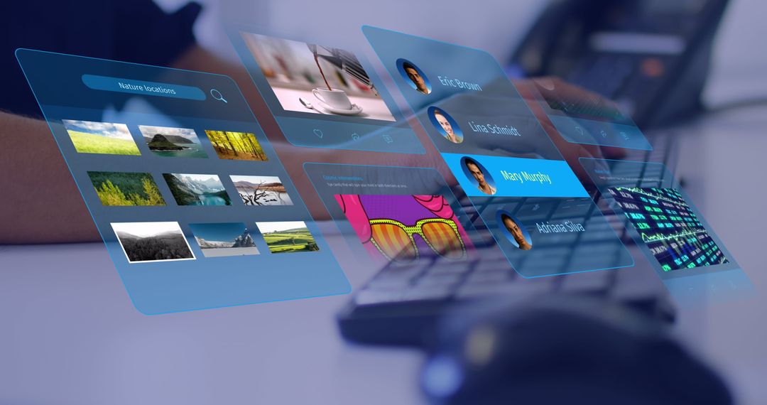 Futuristic Digital Interface Over Keyboard in Tech Workspace