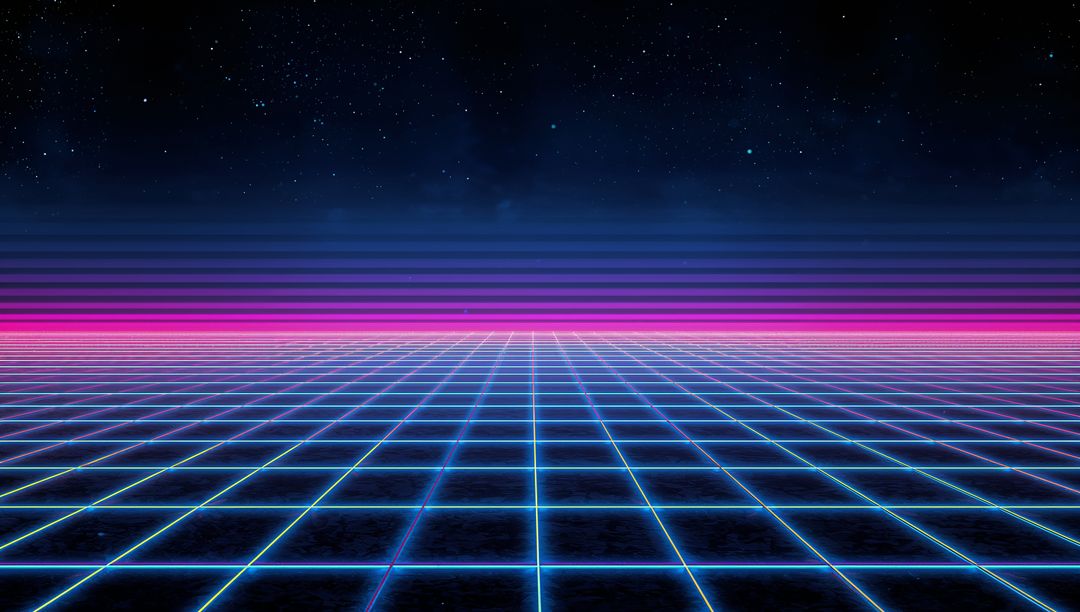 Retro neon grid horizon glowing cyan magenta synthwave landscape with starry cosmic sky