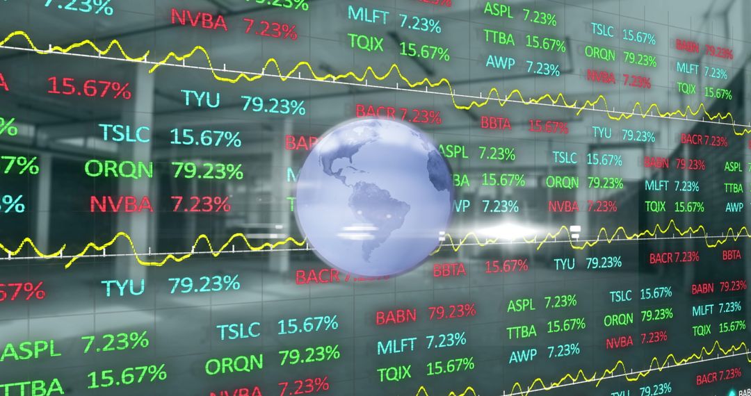 Digital Globe in Front of Dynamic Financial Data Charts and Graphs