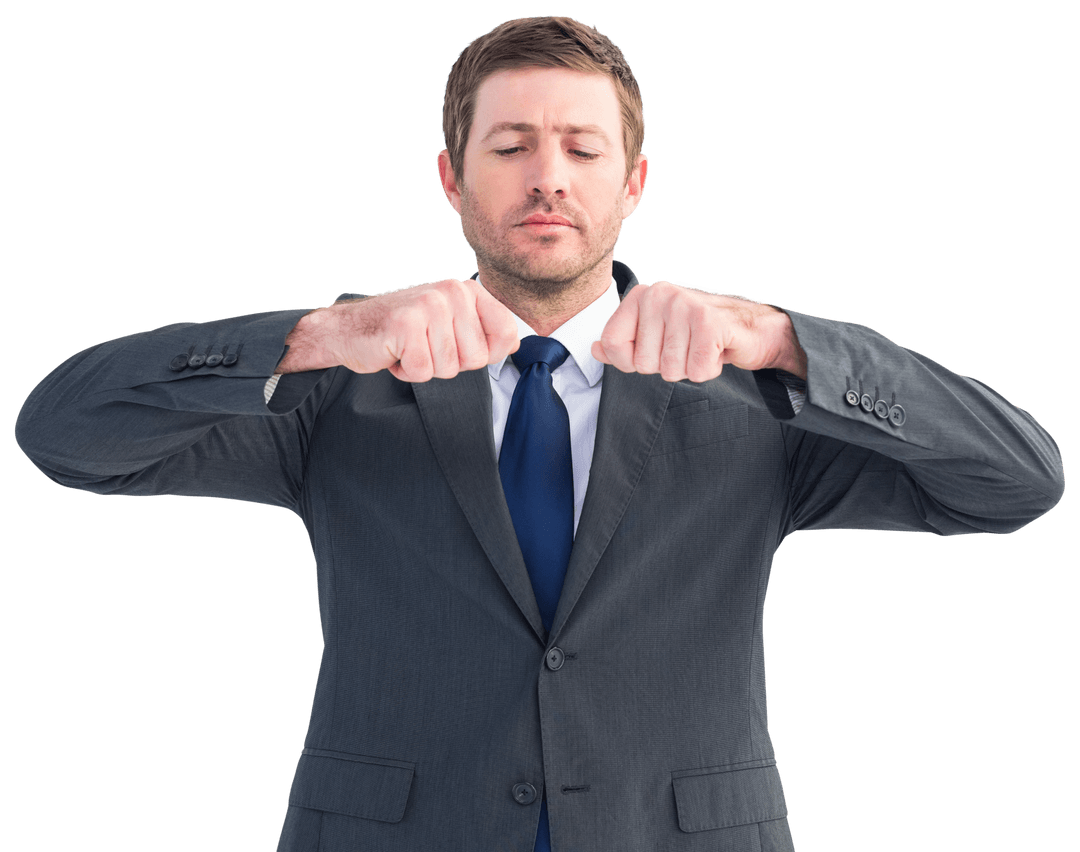 Confident Businessman in Suit Holding Fists Up Transparent Background
