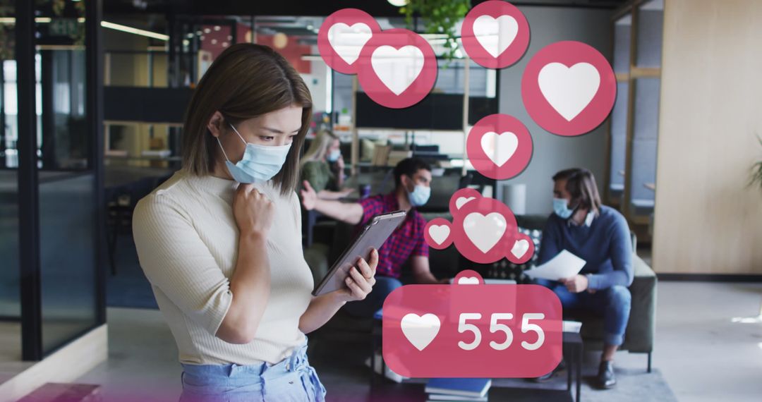 Businesspeople Using Digital Devices with Social Media Icons and Masks