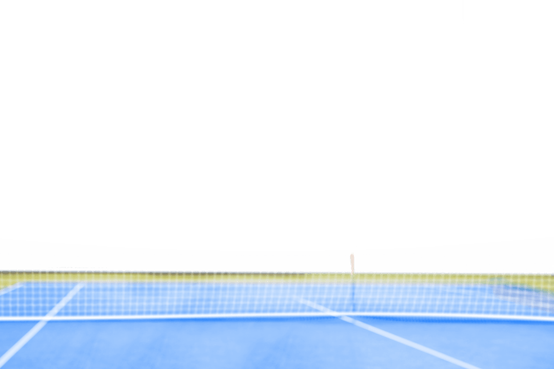 Transparent Paddle and Net on Blue Table Tennis Court Background